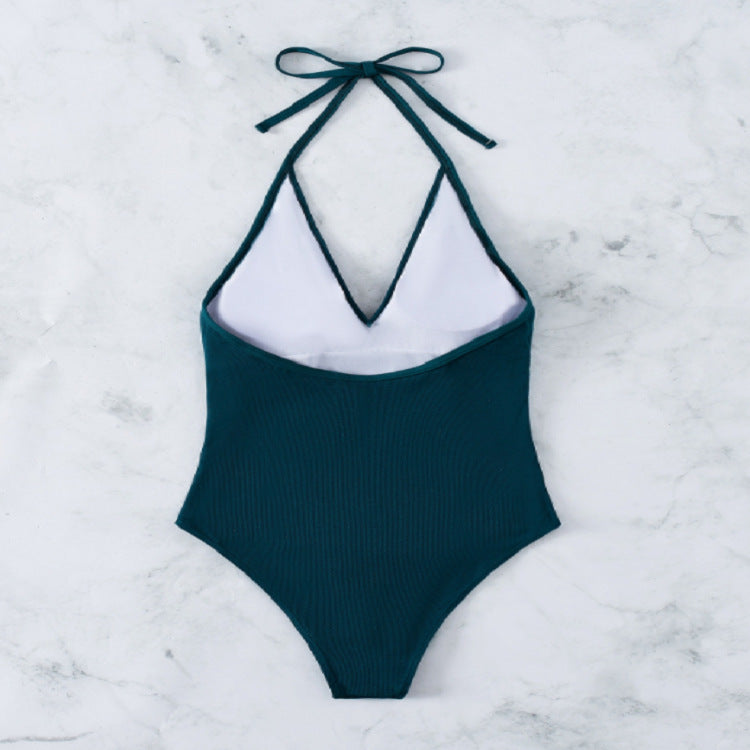 Women Ribbed Deep V Neck One Piece Swimsuit