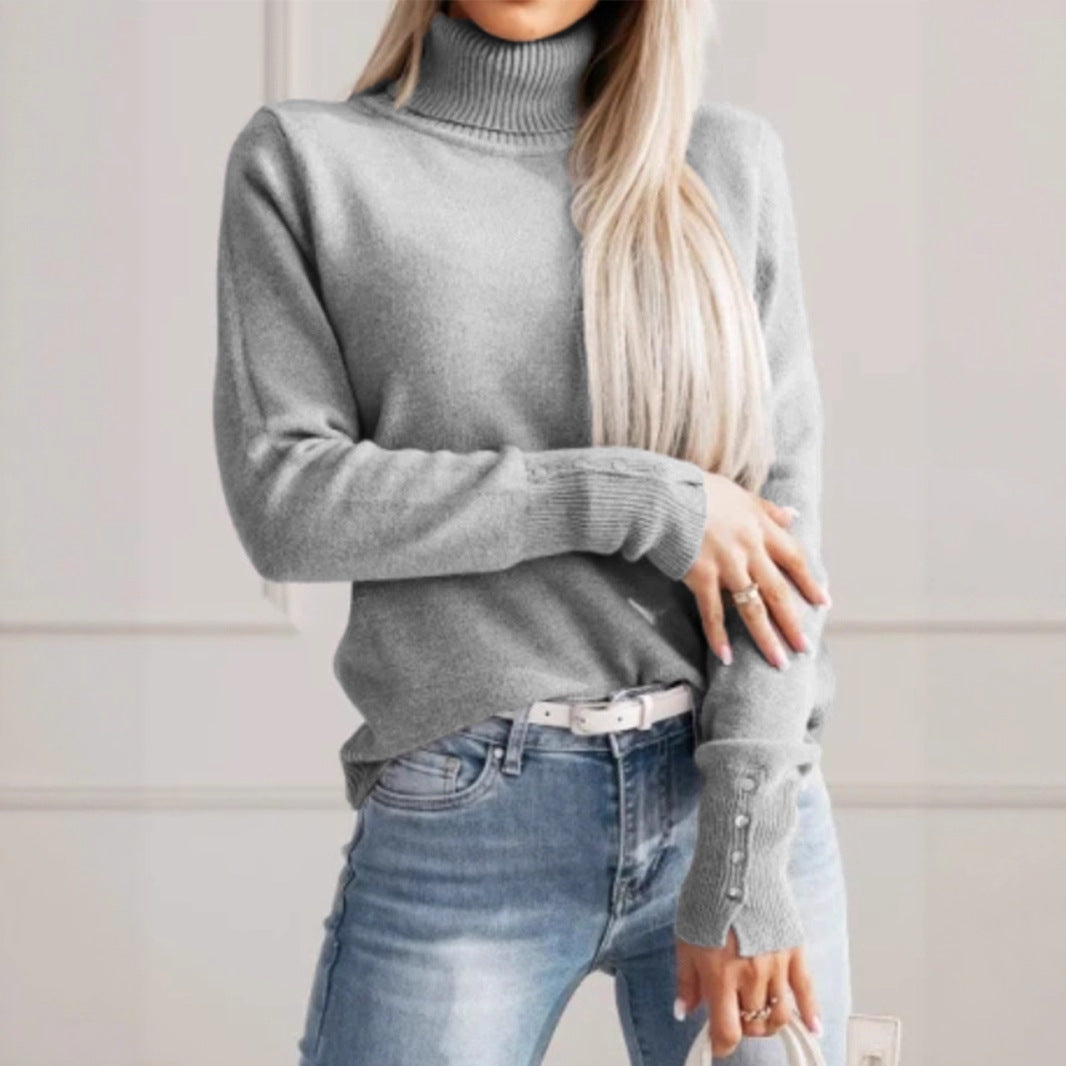 Women's elegant turtleneck pullover with button details