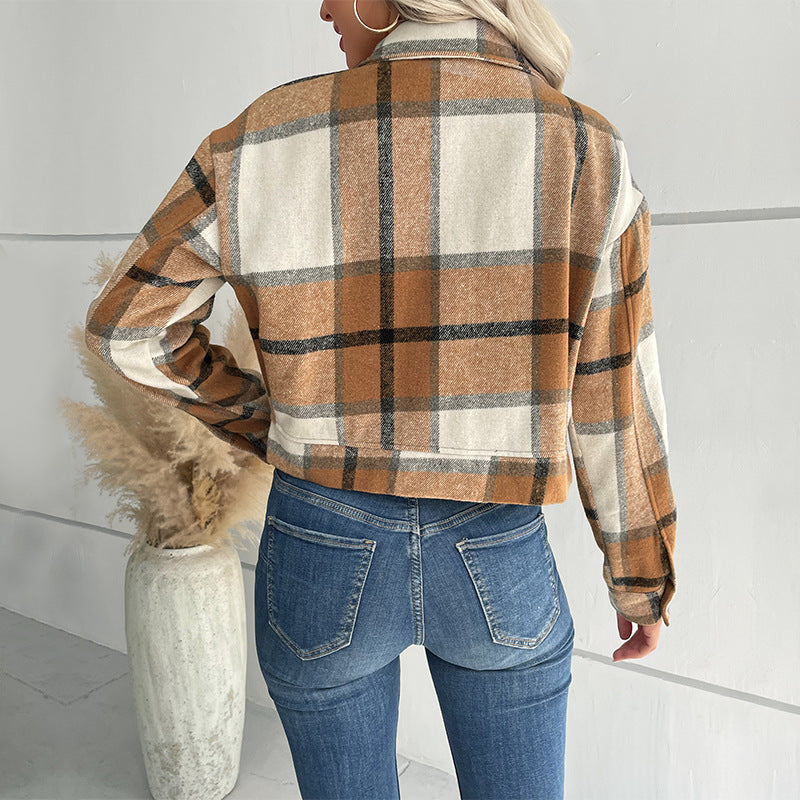 Women's Checked Denim Jacket with Buttons and Chest Pockets