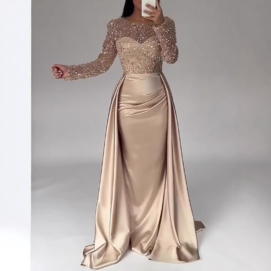 Women's Glamorous Evening Dress with Sparkling Beads and Flowing Skirt