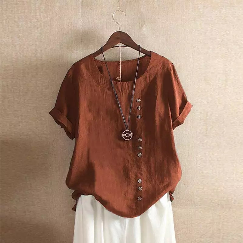 Women's casual linen blouse with convertible sleeves and button details