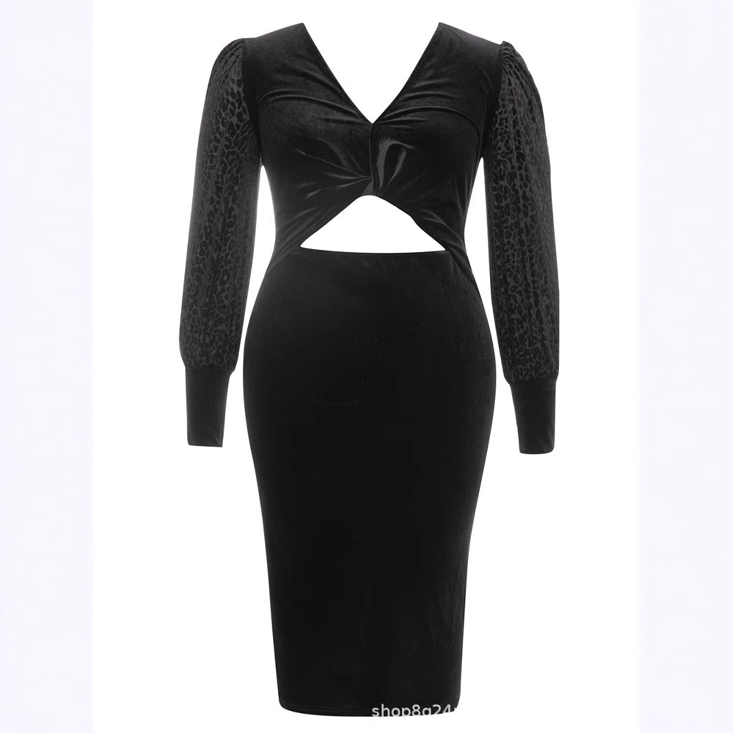 Ladies Velvet Midi Dress with Elaborate Twist and Puff Sleeves