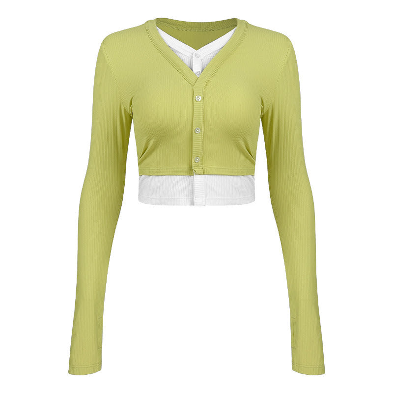 Women's stylish short-sleeved cropped shirt with V-neck and button details