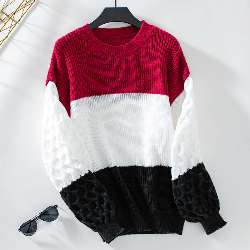 Women's fashionable pullover with textured sleeves and block stripes