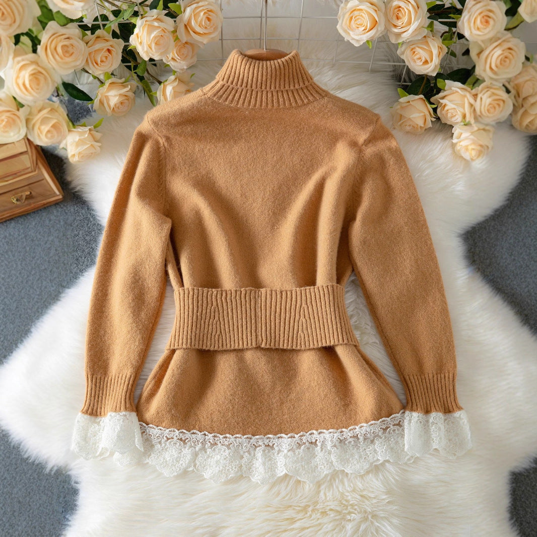 Women’s elegant knit pullover with high neck and decorative button details
