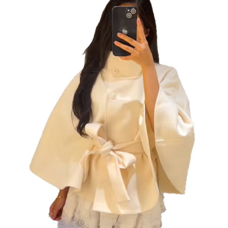 Women's wrap jacket with high collar line and wide sleeves