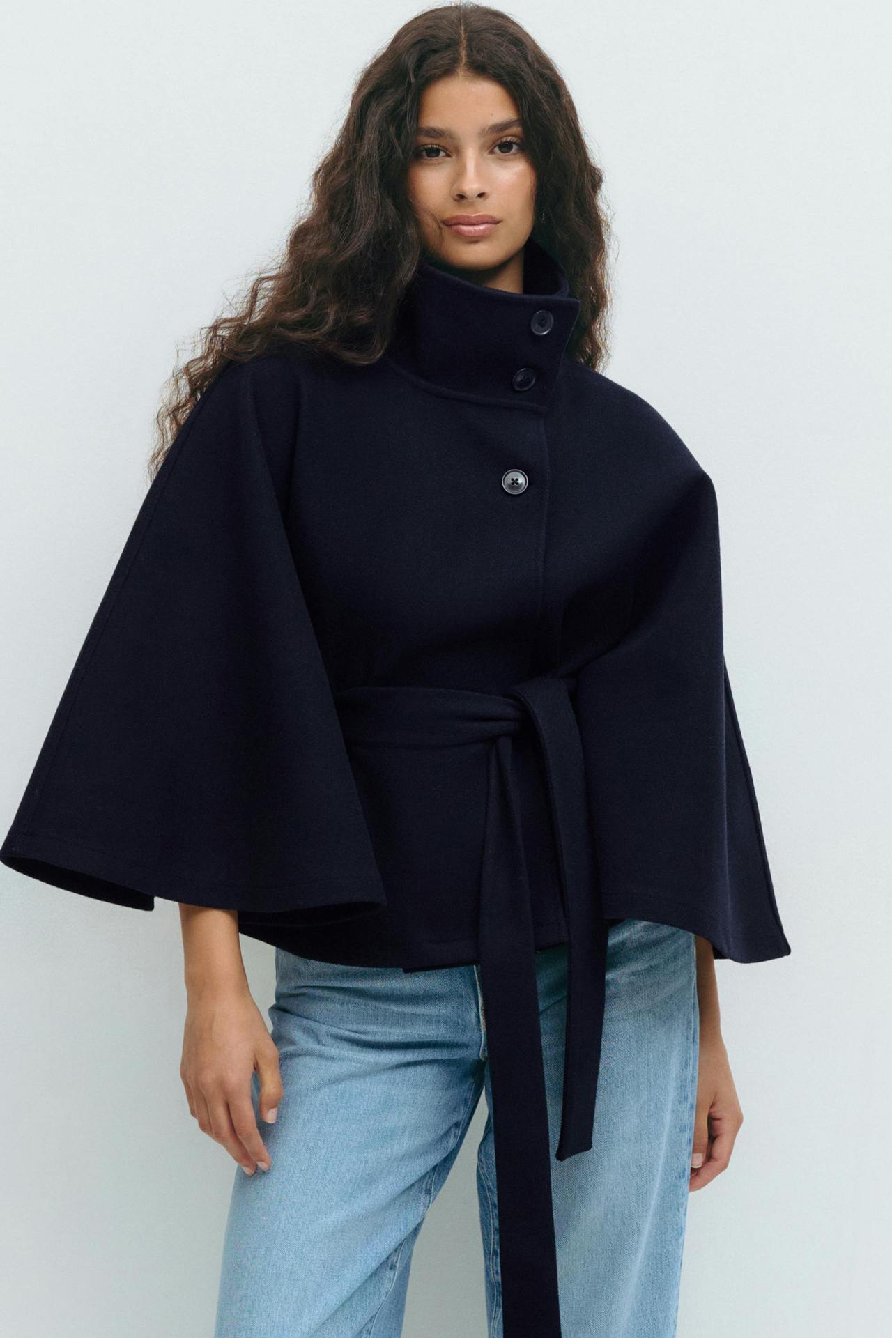 Women's wrap jacket with high collar line and wide sleeves