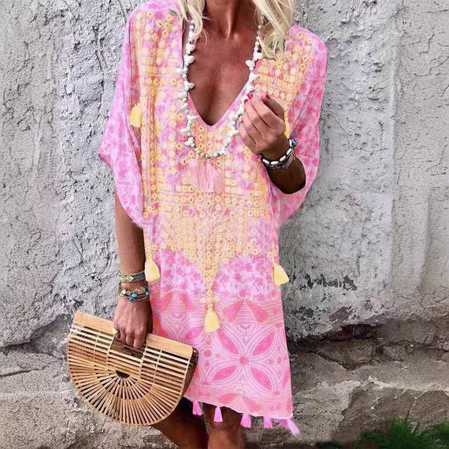Women Boho-Chic Kaftan with V-neck and Tassel Details