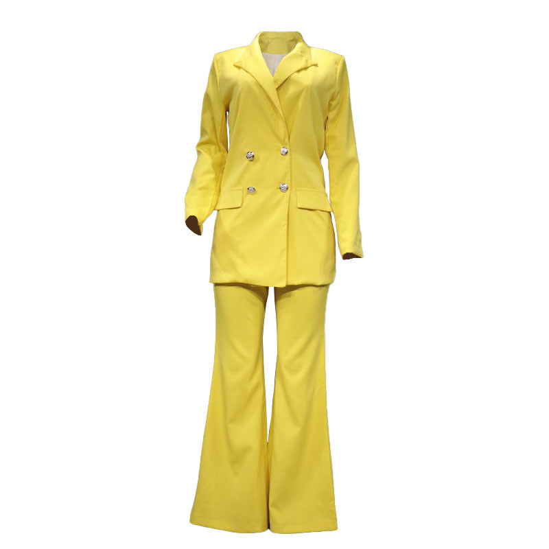 Ladies Elegant Two-Piece Suit Set with Wide-Leg Pants and Fashionable Blazer