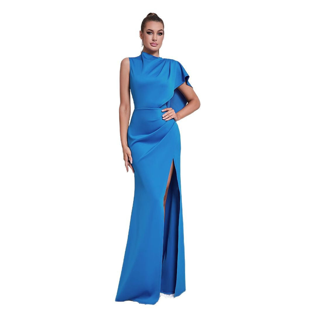 Women's fitted evening dress with asymmetric design and high slit