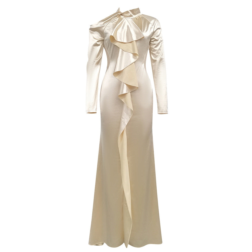 Women's Long Evening Dress with Asymmetric Ruffle and Off-Shoulder Details