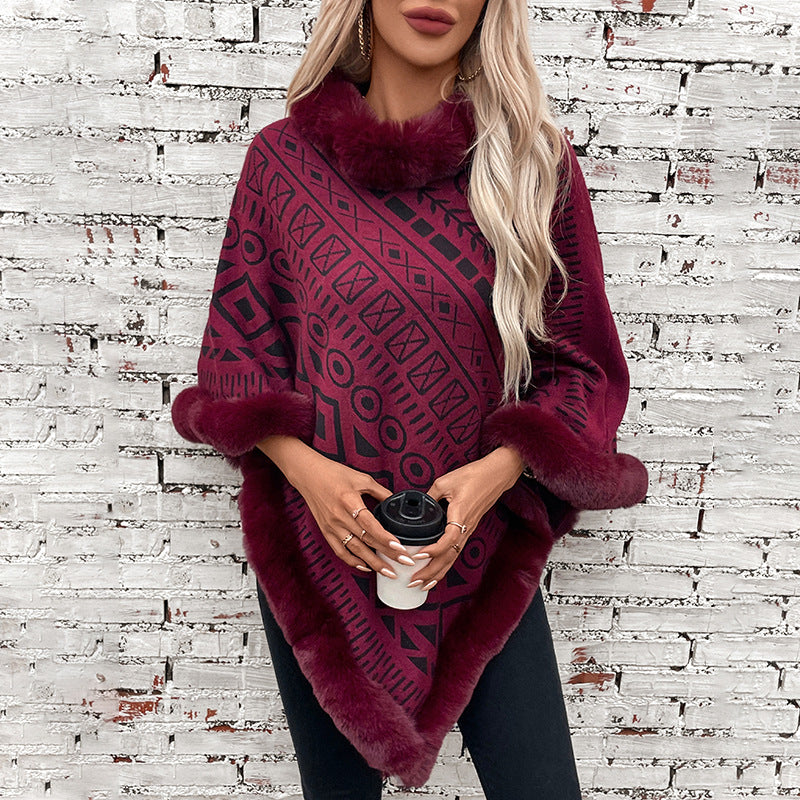 Women's fashionable poncho with decorative faux fur collar