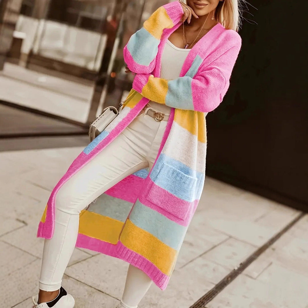 Ladies fashionable long cardigan with colorful stripe pattern