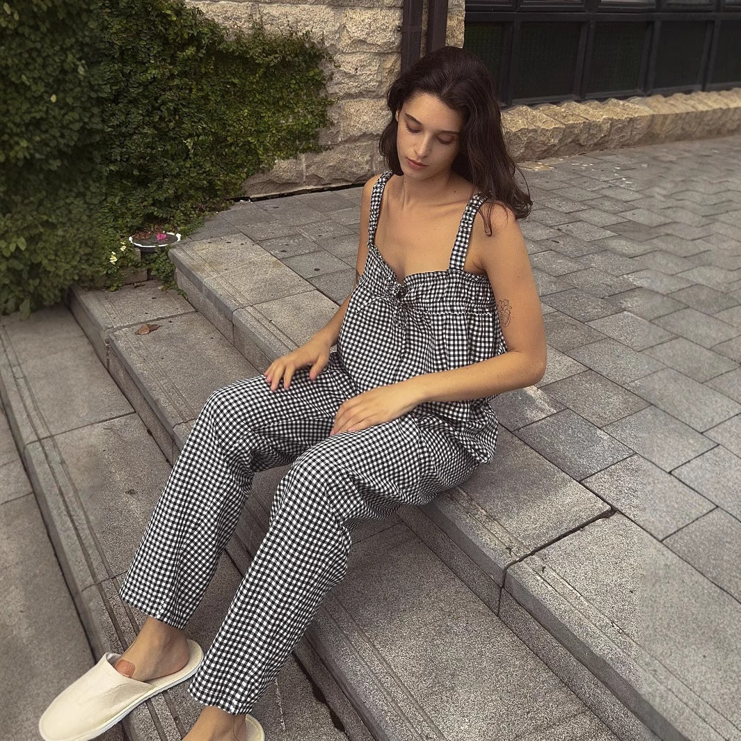 Women's Flowing Summer Jumpsuit with Checkered Pattern and Adjustable Straps