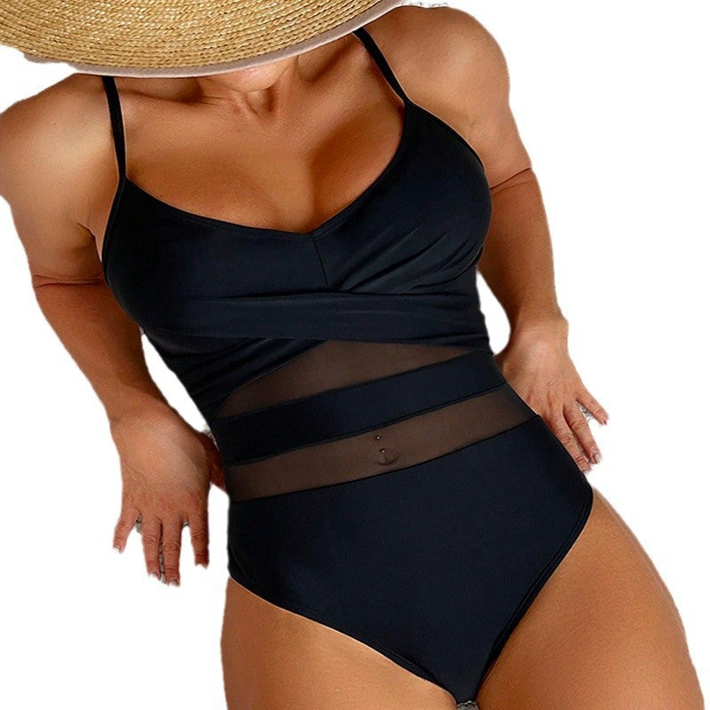 Women Mesh-Panel High-Cut One-Piece Swimsuit