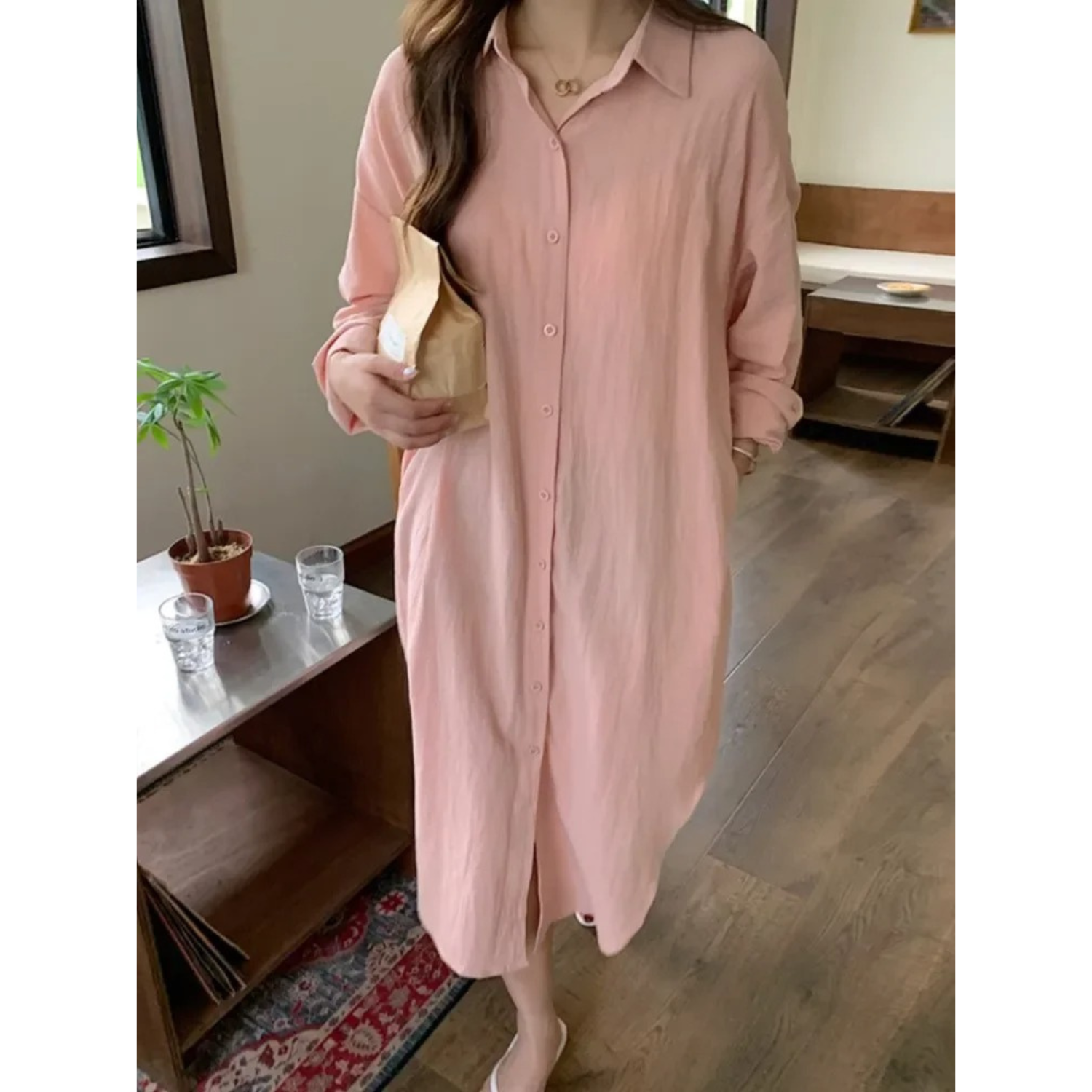 Long-sleeved linen dress women's clothing