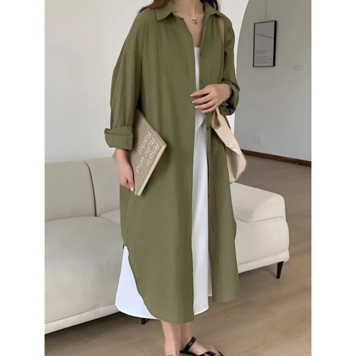 Long-sleeved linen dress women's clothing