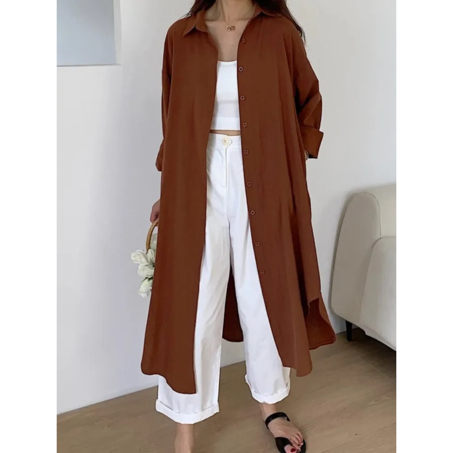 Long-sleeved linen dress women's clothing