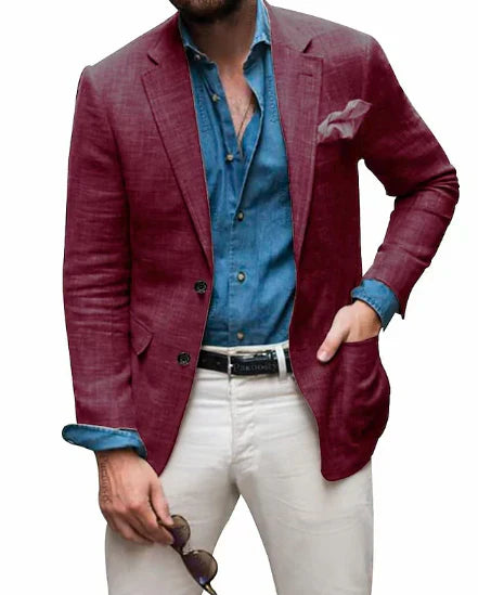 Men's Linen Blazer Beach Wedding Casual Tailored Fit Solid Color Single Breasted Two Buttons