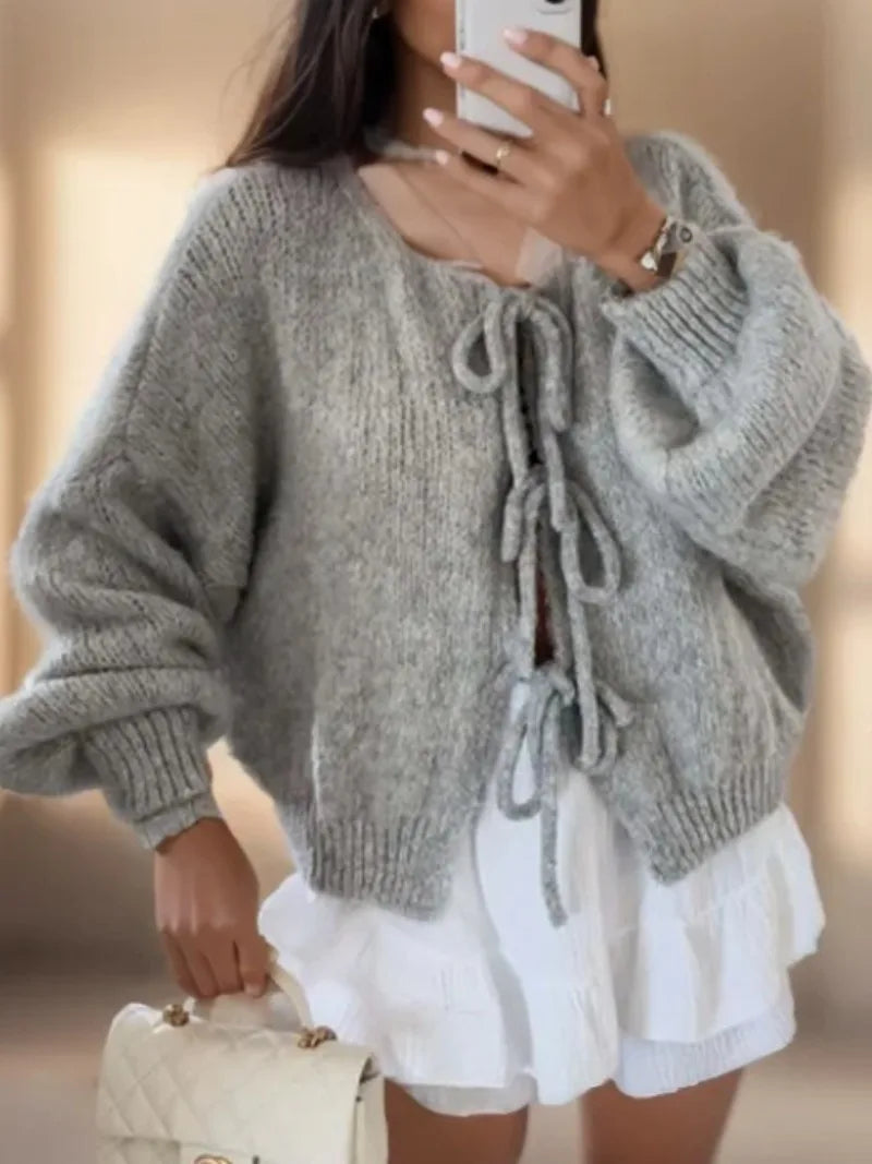 Knitted Cardigan With Bow Closure for a Bohemian Vibe