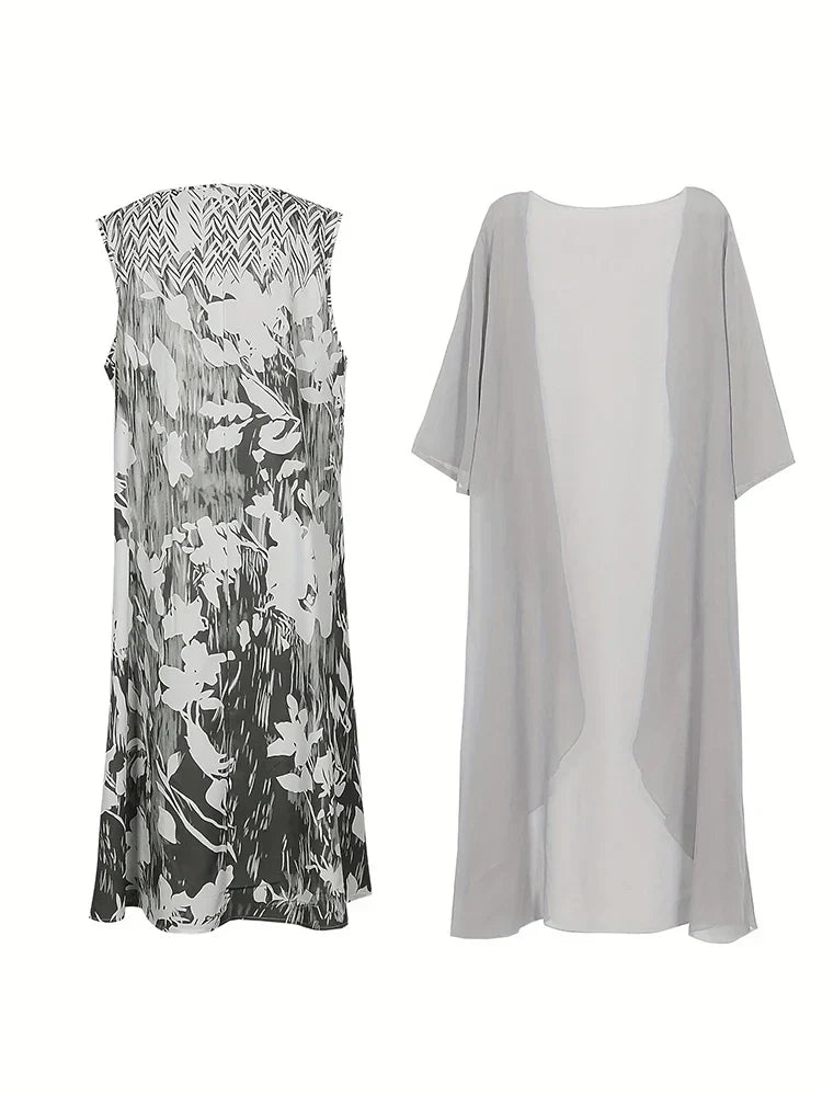 Plus Size Autumn New Women's Floral Pattern Long Dress Printed Pattern Two Piece Dress Round Neck Elegant Dress