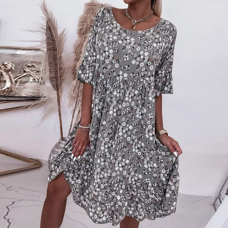 Dress With Floral Pattern And O-Neck