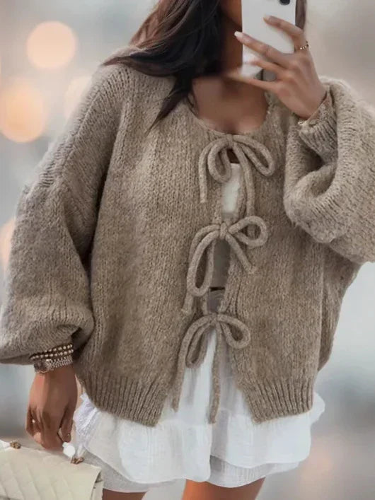 Knitted Cardigan With Bow Closure for a Bohemian Vibe