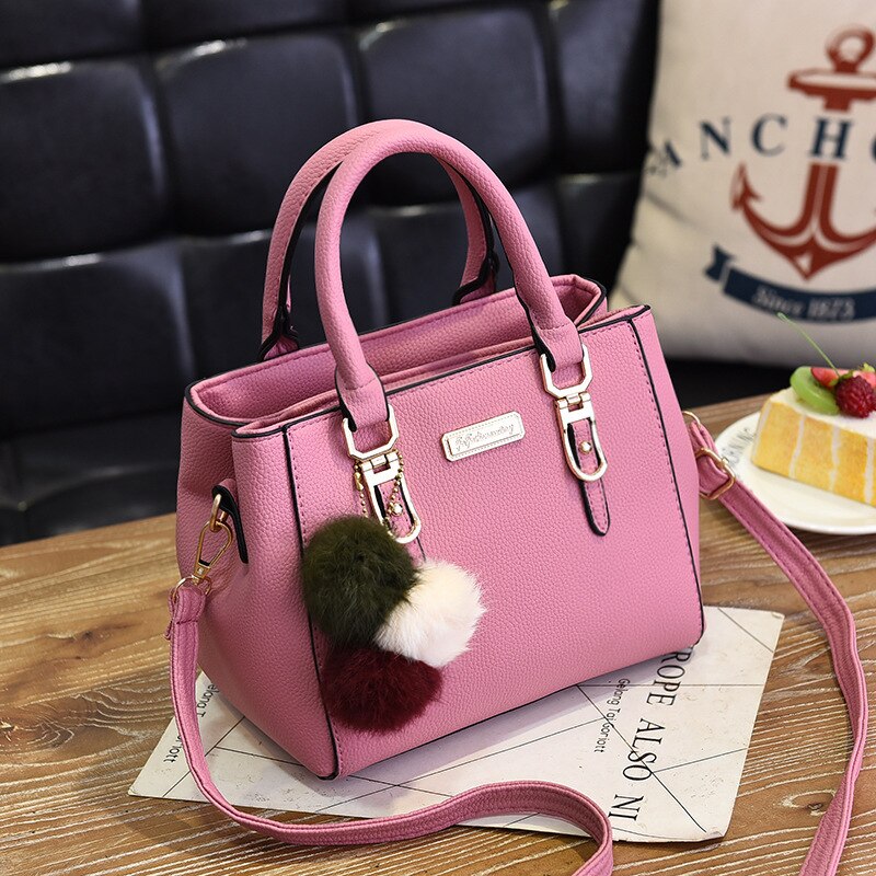 Ladies' Bagleather Handbag With 3 Soft Plush Balls
