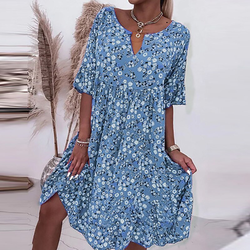 Dress With Floral Pattern And O-Neck