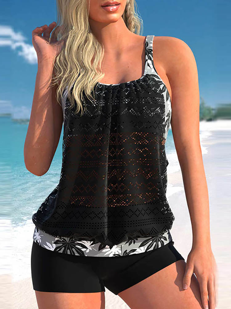 Plus Size Tankini Set With Lace Trim And Leaf Pattern