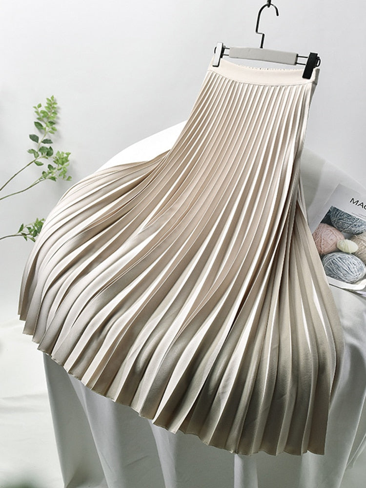 Brand Designer Women's Elegant Chic Solid Pleated Skirt High Waist Luxury Fashion