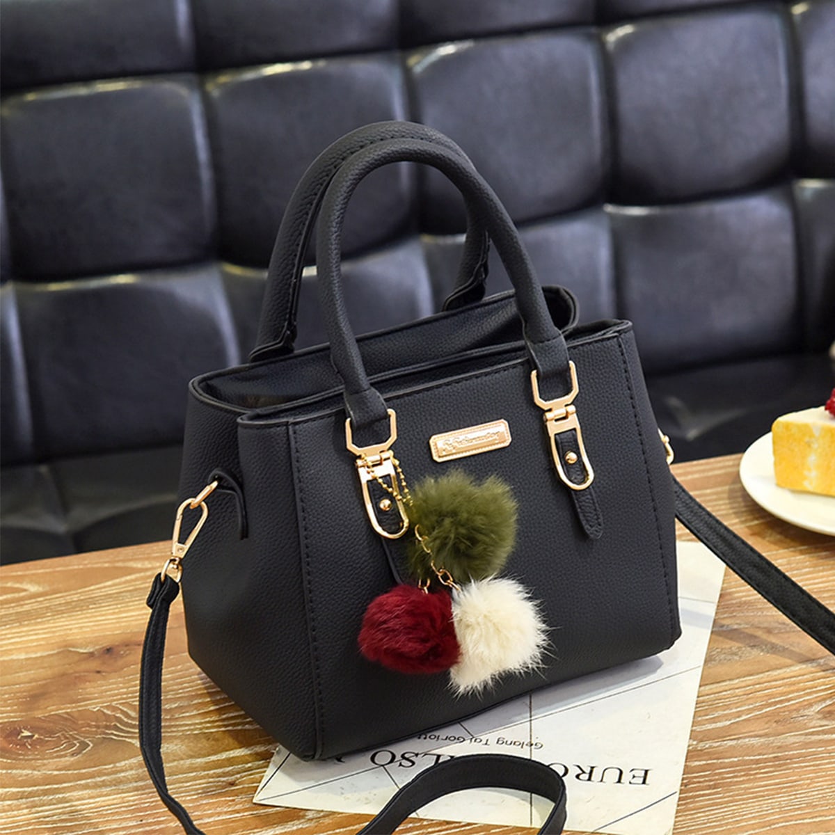 Ladies' Bagleather Handbag With 3 Soft Plush Balls