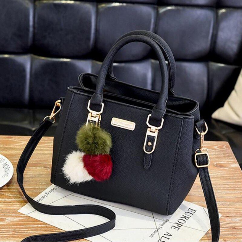 Ladies' Bagleather Handbag With 3 Soft Plush Balls