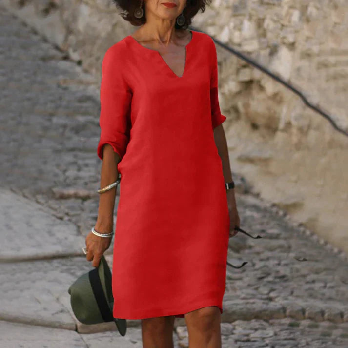 Elegant Summer Dress Made of Linen With V-neck