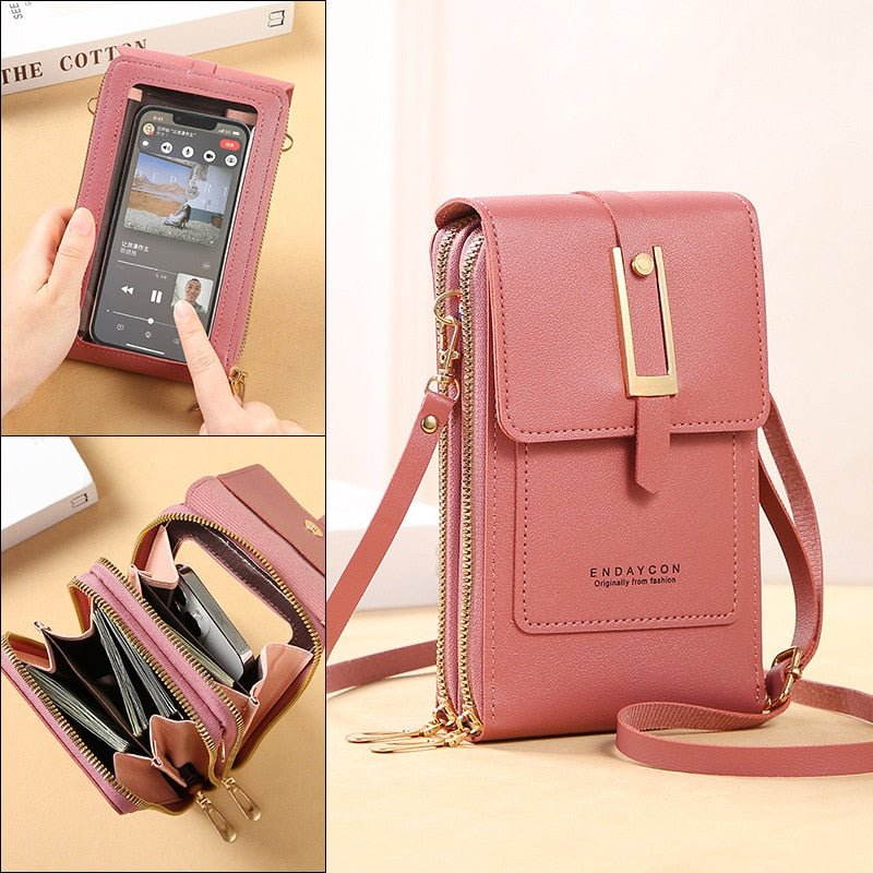 Leather Smartphone ClutchWomen's Handbag With Touchscreen Window