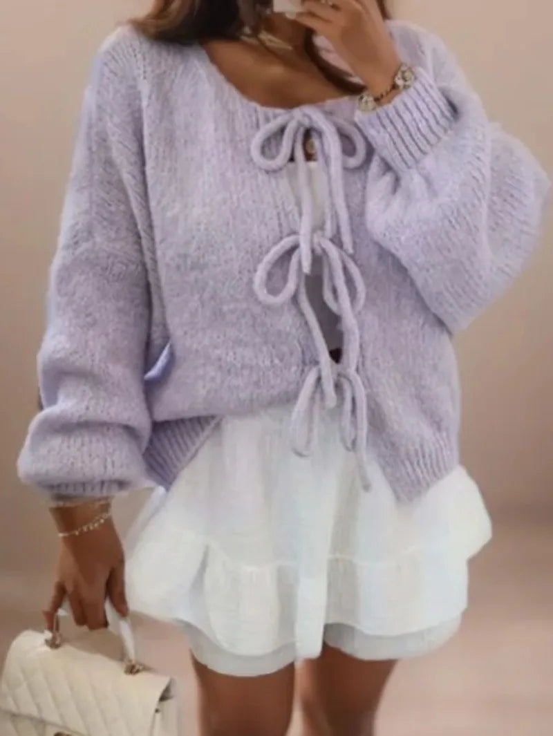 Knitted Cardigan With Bow Closure for a Bohemian Vibe