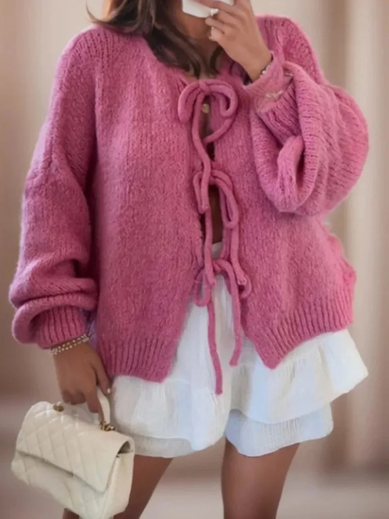 Knitted Cardigan With Bow Closure for a Bohemian Vibe