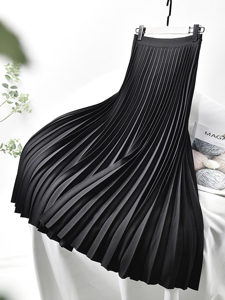 Brand Designer Women's Elegant Chic Solid Pleated Skirt High Waist Luxury Fashion