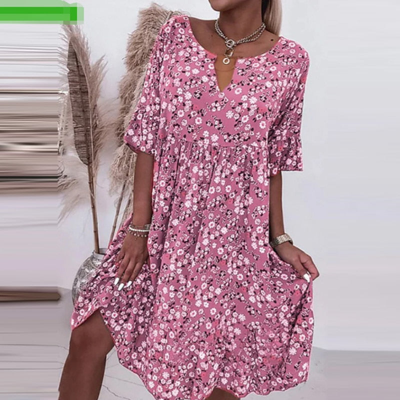 Dress With Floral Pattern And O-Neck