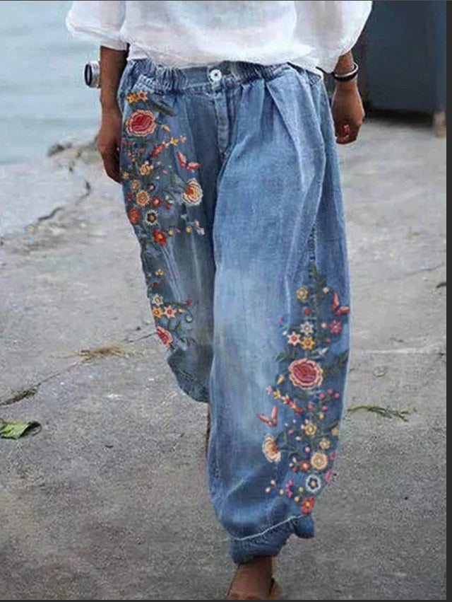 Floral Print Loose Jeans Pants for Women