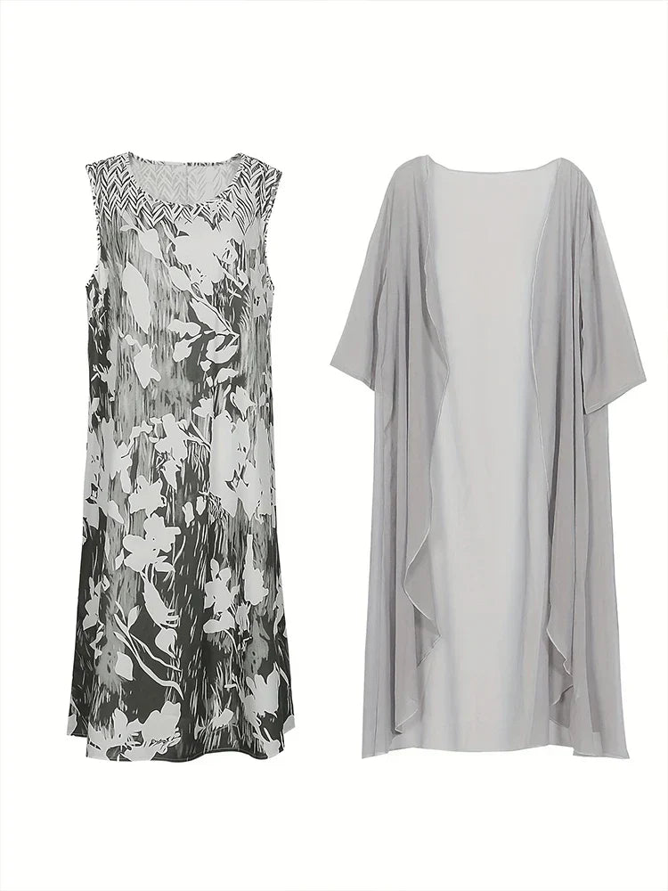 Plus Size Autumn New Women's Floral Pattern Long Dress Printed Pattern Two Piece Dress Round Neck Elegant Dress