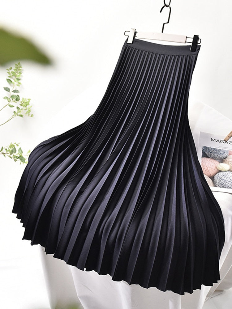 Brand Designer Women's Elegant Chic Solid Pleated Skirt High Waist Luxury Fashion