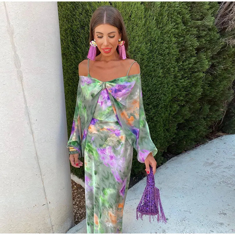 Colorful, Seductive Maxi Dress with Halo Tie-Dye Print and Removable Scarf