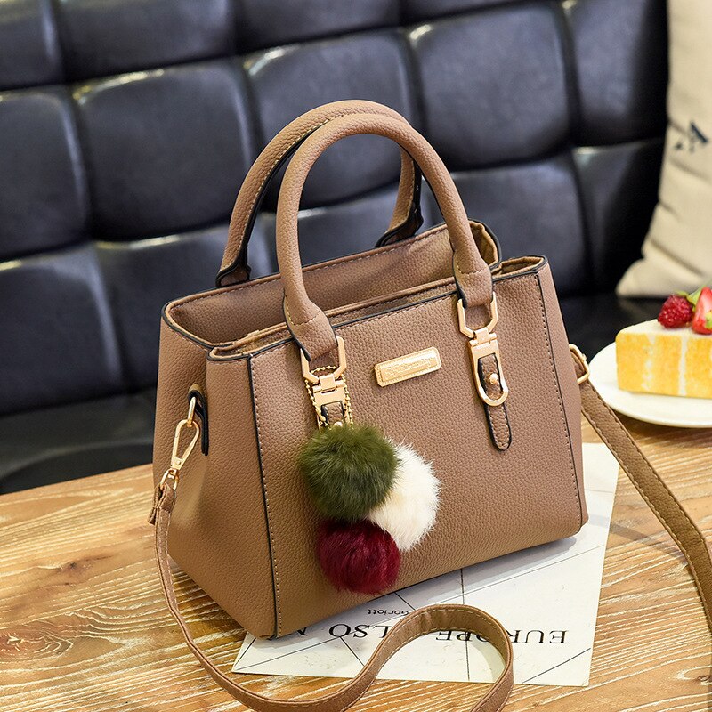 Ladies' Bagleather Handbag With 3 Soft Plush Balls