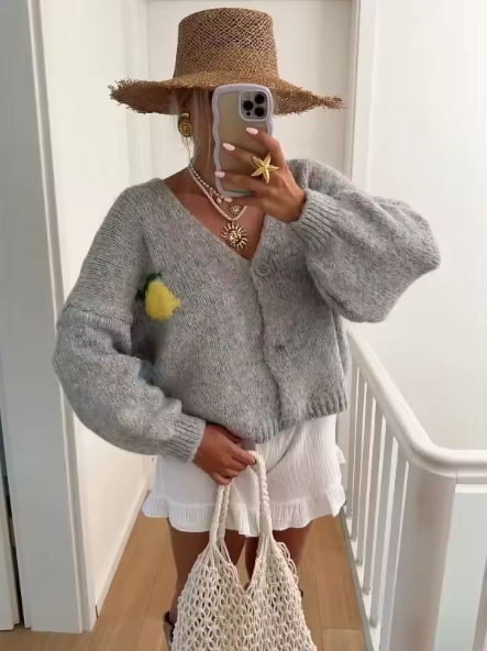 Knit sweater with lemon print for women