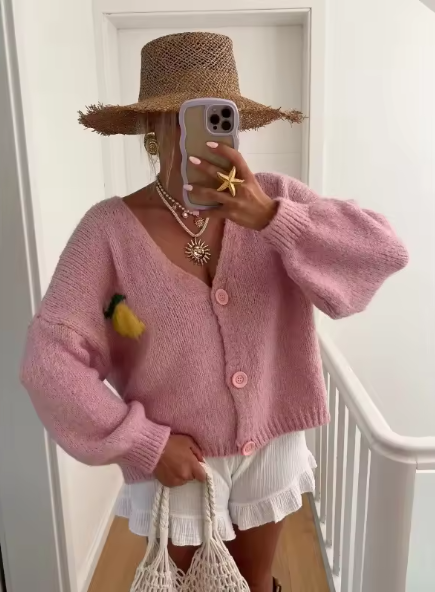 Knit sweater with lemon print for women