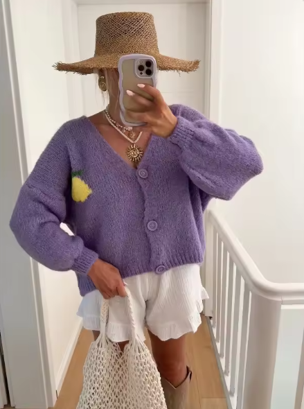 Knit sweater with lemon print for women