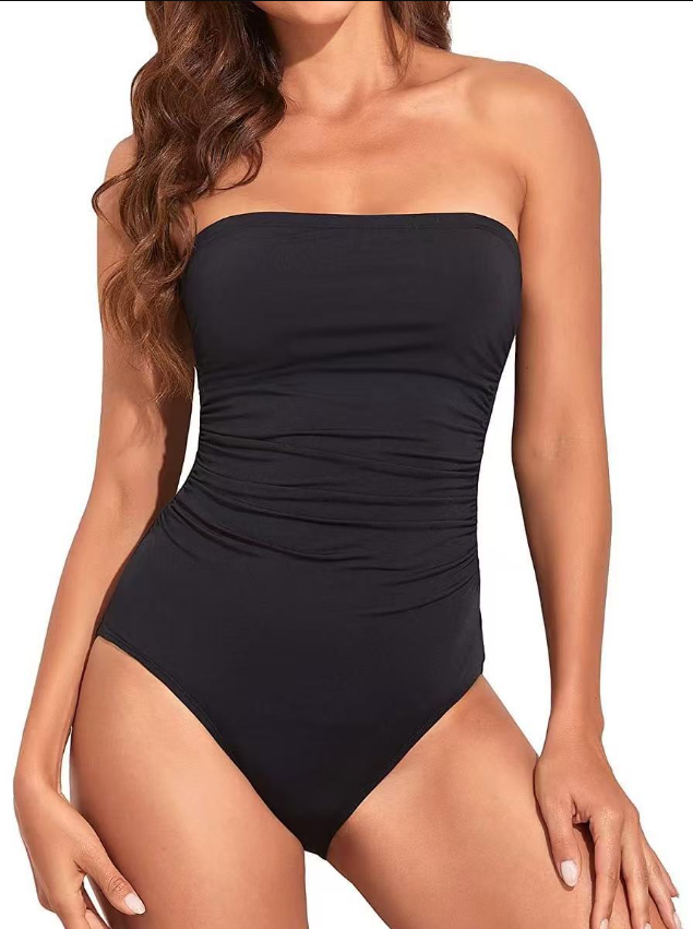 Strapless One-Piece Bikini For Women Tummy Control Bandeau Swimsuits Ruffle Slimming Swimwear