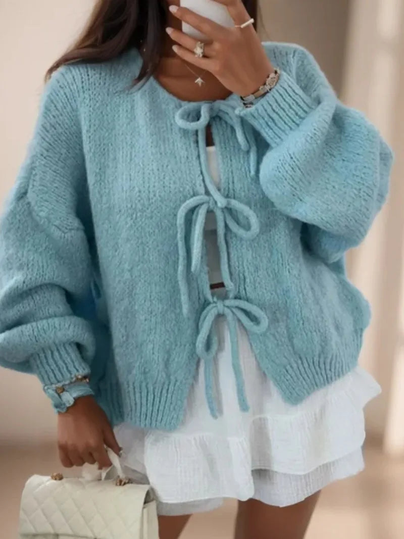 Knitted Cardigan With Bow Closure for a Bohemian Vibe