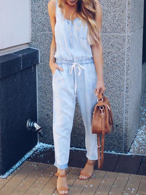 Slim Sleeveless Waist Denim Jumpsuit